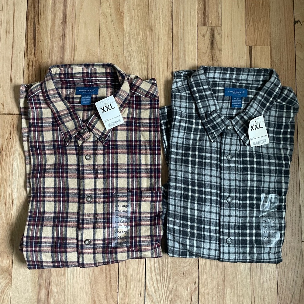 NWT 2 Towncraft Men's Plaid Flannel Shirts - Tan and Gray - Size XXL